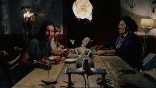 The family eating dinner and head cheese during The Texas Chain Saw Massacre.