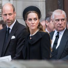 LONDON, UNITED KINGDOM - SEPTEMBER 16, 2025: William, Prince of Wales, Catherine, Princess of Wales and Prince Andrew, Duke of York attend Requiem Mass service at Westminster Cathedral for the Duchess of Kent who died aged 92 earlier this month in London, United Kingdom on September 16, 2025. The service was the first Catholic funeral held for a member of the Royal Family in modern British history. (Photo credit should read Wiktor Szymanowicz/Future Publishing via Getty Images)