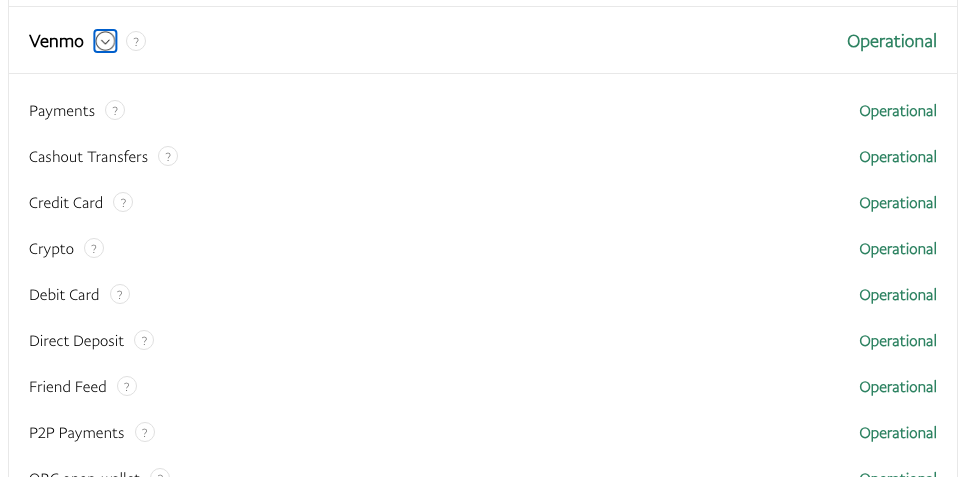 PayPal status page for Venmo