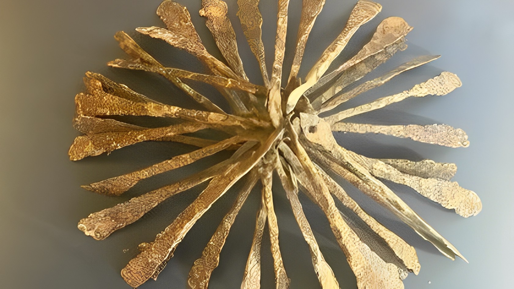 A picture of the iron hoard, which consists of 1,000-year-old rods that are seen grouped together in a bundle.