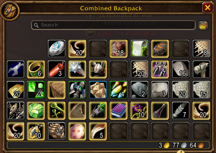 A bag full of items in World of Warcraft: Forever, most of which are from questlines.