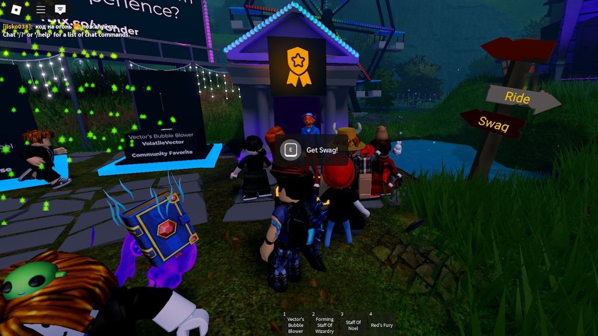 Standing in front of the swag section of Mansion of Wonder in Roblox to get Roblox codes.