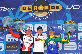 2008 Tour of Flanders Women final podium: Women Podium / Kristin Armstrong (USA) / winner Judith Arndt (Ger) / Kirsten Wild (Ned)