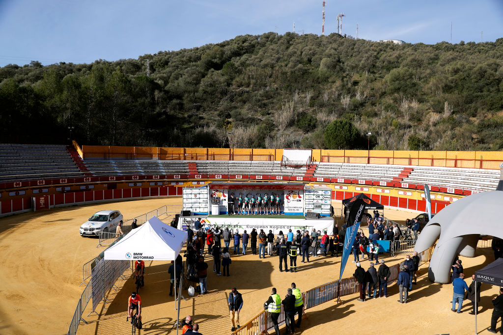 IZNAJAR SPAIN FEBRUARY 16 A general view of Giovanni Aleotti of Italy Cesare Benedetti of Poland Emanuel Buchmann of Germany Matteo Fabbro of Italy Lennard Kmna of Germany Frederik Wandahl of Denmark Patrick Gamper of Austria and Team Bora Hansgrohe during the team presentation in the Ubrique bullring prior to the 68th Vuelta A Andalucia Ruta Del Sol 2022 Stage 1 a 2007km at stage from Ubrique to Iznjar 514m 68RdS on February 16 2022 in Iznjar Spain Photo by Bas CzerwinskiGetty Images