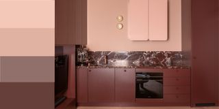 tonal kitchen color with burgundy cabinets, pale pink walls and range, two wall sconces, and burgundy marble backsplash and counter