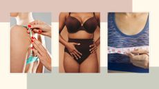 two women measuring bra size and one woman in lingerie