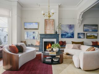 A living room with white walls