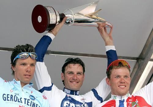 The podium (L-R): Danilo Hondo (2nd), Alessandro Petacchi (1st) and Thor Hushovd (3rd)