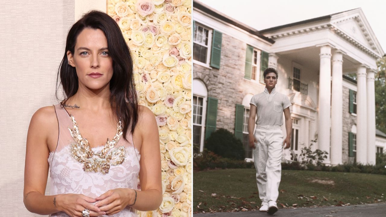 Riley Keough wears a lacy white dress with a gold sequin embellishment on the front and has long dark brown hair, while her late grandfather Elvis Presley wears all white as he stands outside his home of Graceland