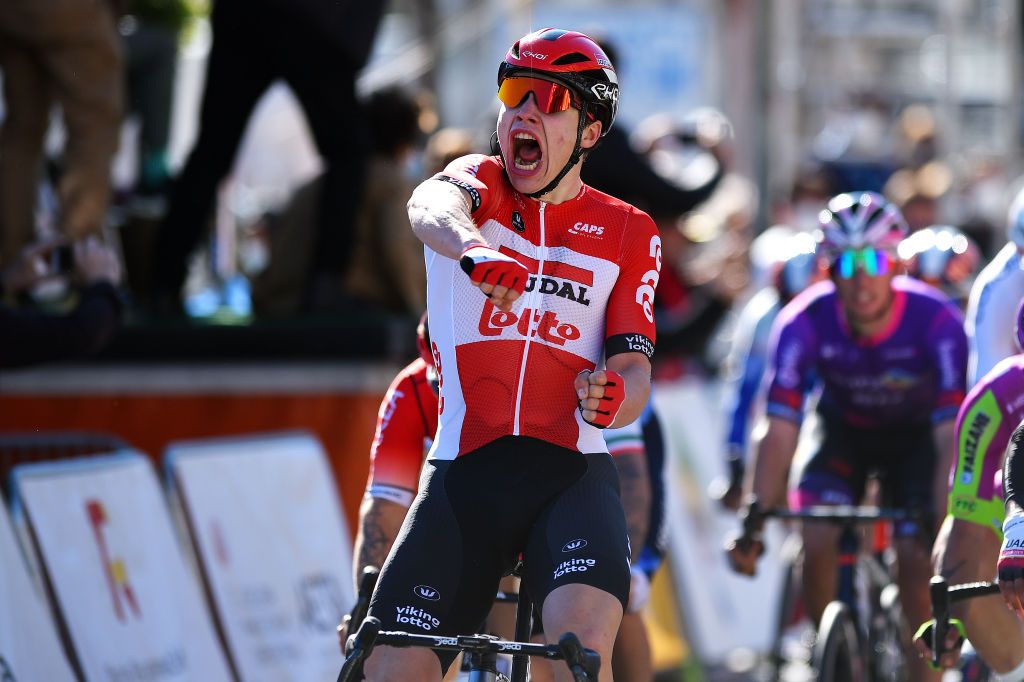 PALMA SPAIN JANUARY 30 Arnaud De Lie of Belgium and Team Lotto Soudal celebrates at finish line as race winner during the 1st Challenge Ciclista Mallorca 2022 Trofeo Playa De PalmaPalma a 1691km race from Playa de Palma to Palma ChallengeMallorca on January 30 2022 in Palma Spain Photo by Dario BelingheriGetty Images