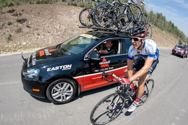 Bissell Pro Cycling's Carter Jones spends some time with the team car