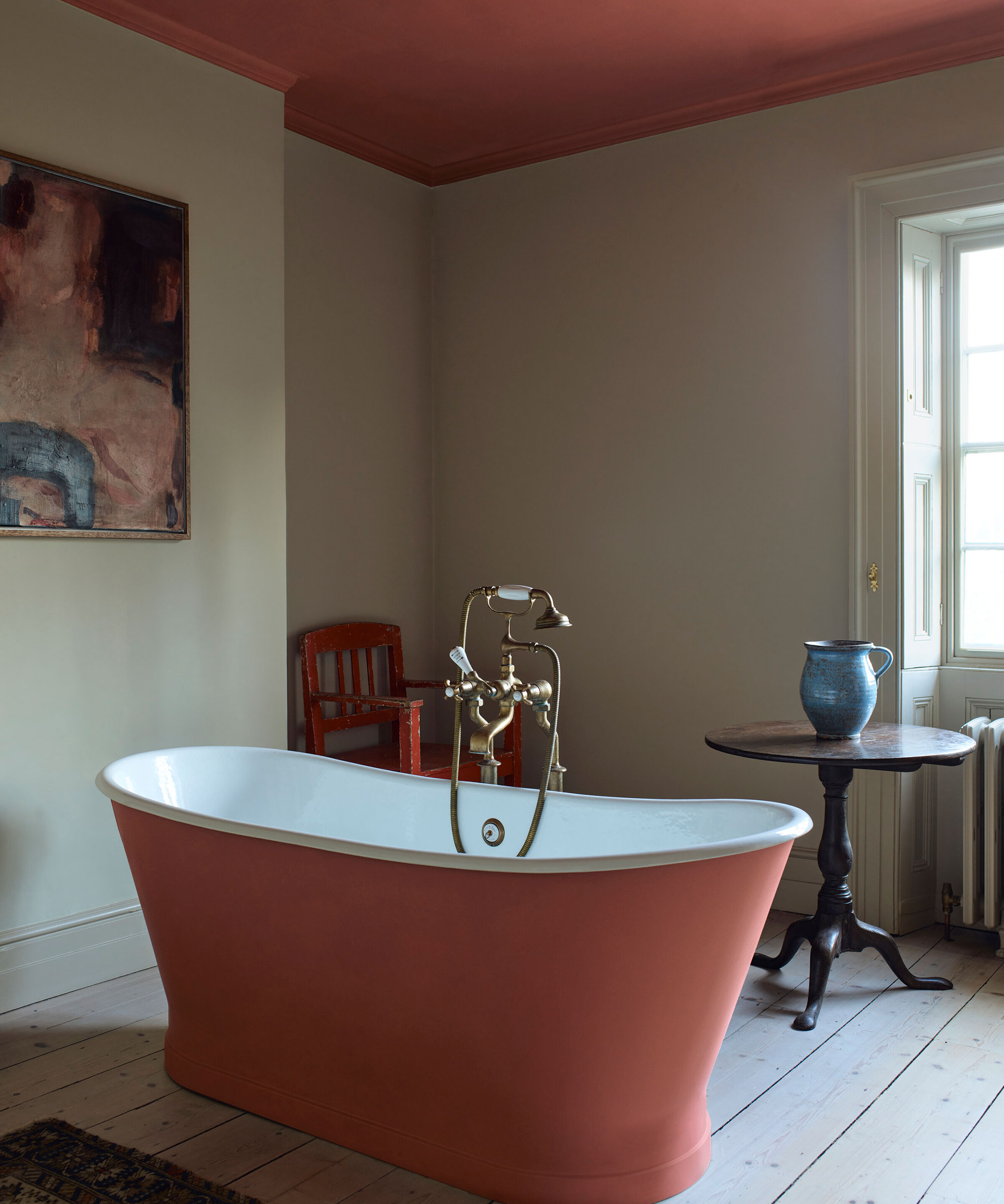 traditional bathroom with terracotta freestanding bath and painted ceiling