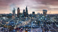 City of London at sunset illustrated with communication and business icons and network connections 