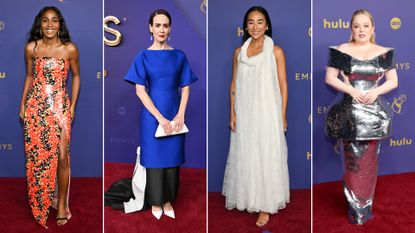 four women on the emmys 2024 red carpet including ayo edebiri, sarah paulson, greta lee, and nicola coughlan