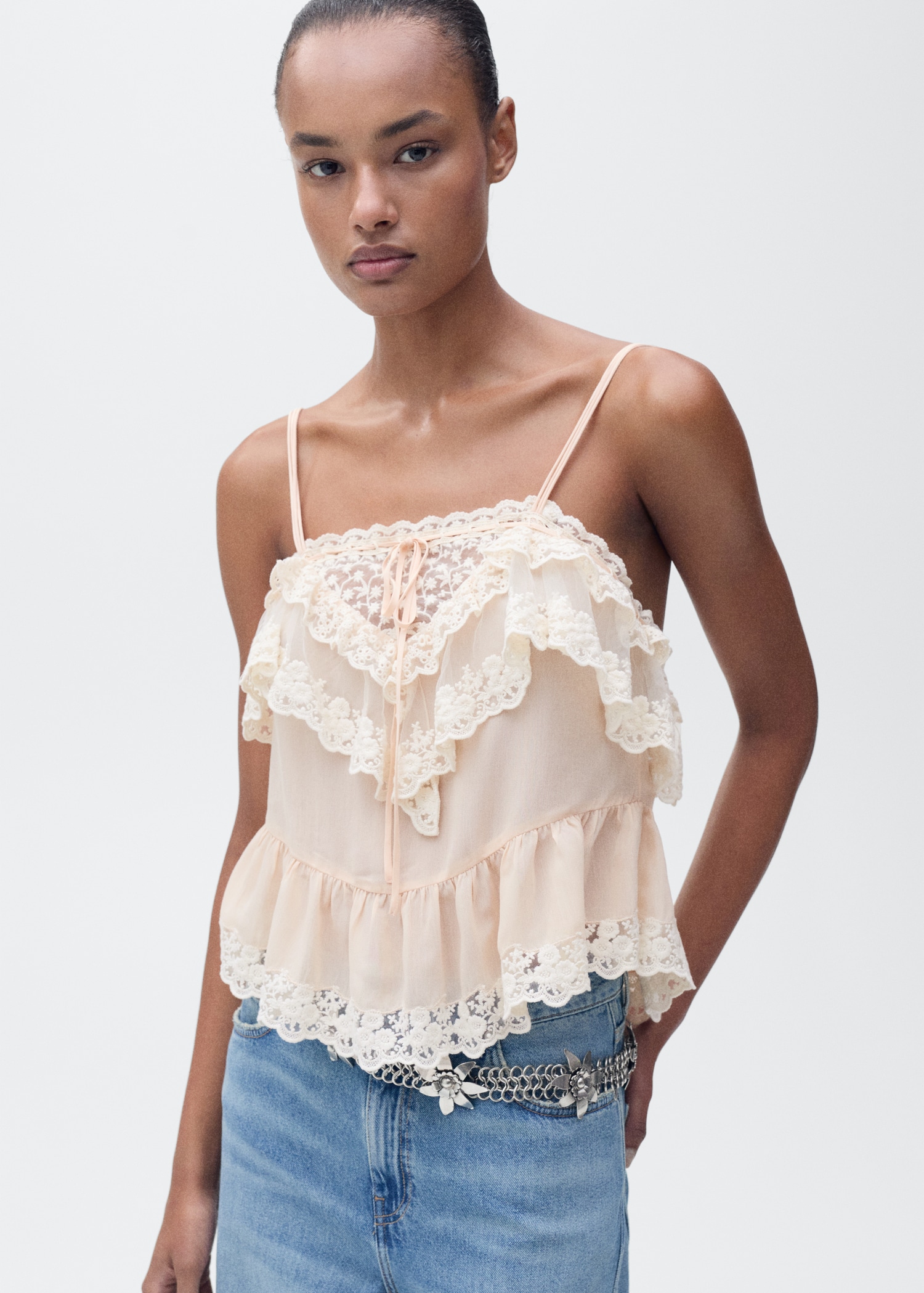 MANGO, Ruffle Top With Lace Detail - Women | Mango Usa