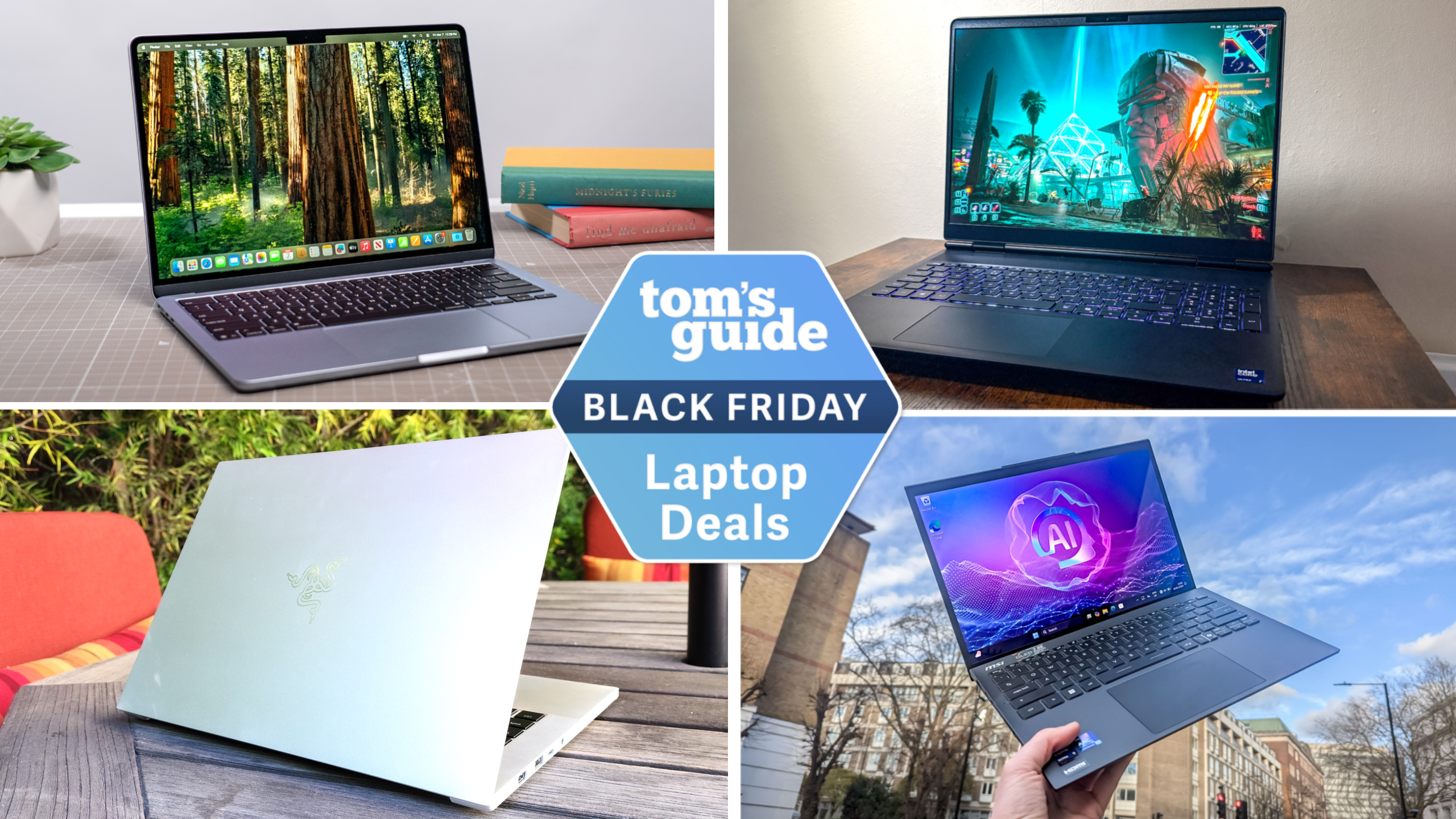 Tom&#039;s Guide Black Friday laptop deals cover image with MacBook, Alienware 16X Auroroa, Razer Blade 14 and MSI Prestige 13