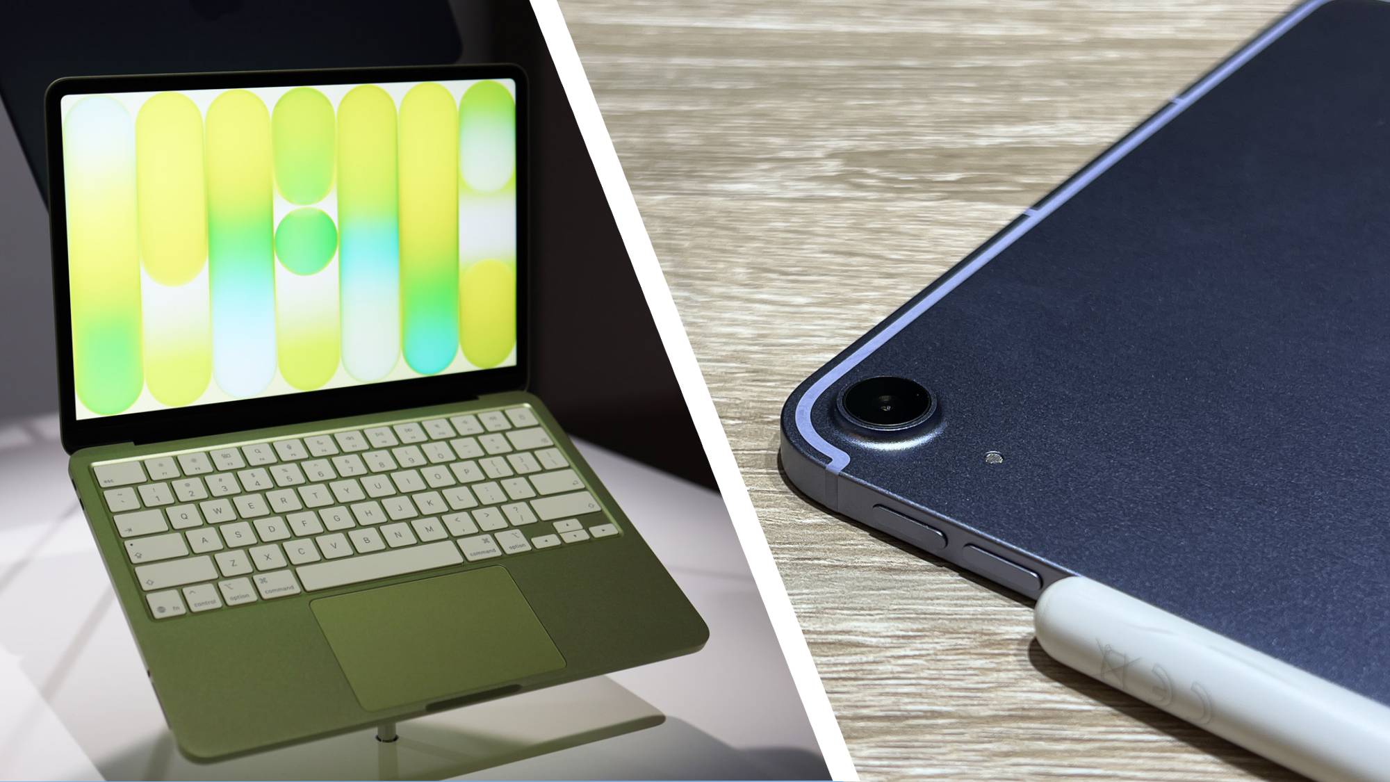 A split image of the MacBook Neo and iPad Air 