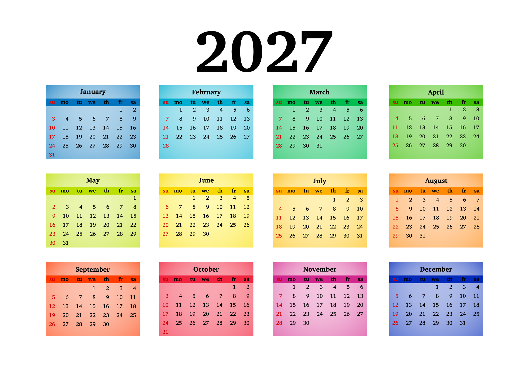 Calendar for 2027 isolated on a white background. Sunday to Monday, business template. Vector illustration