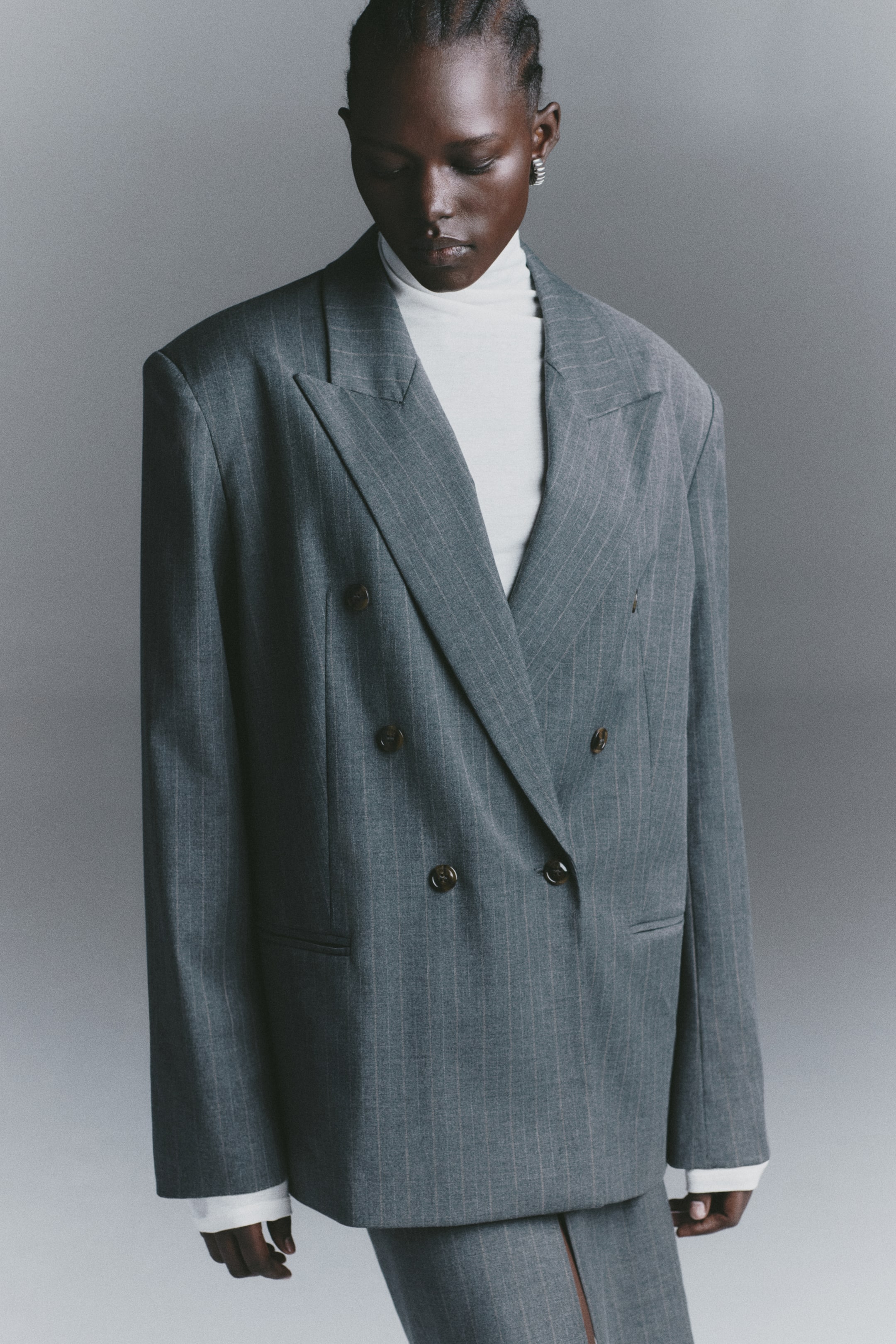 Double-Breasted Blazer - Grey/pinstriped