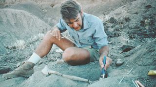 An old photo of Donald Johanson sitting in the dirt and excavating a bone