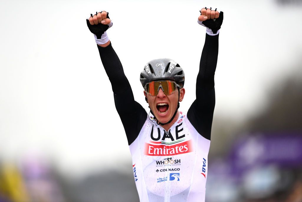 OUDENAARDE BELGIUM APRIL 02 Tadej Pogacar of Slovenia and UAE Team Emirates celebrates at finish line as race winner during the 107th Ronde van Vlaanderen Tour des Flandres 2023 Mens Elite a 2734km one day race from Brugge to Oudenaarde UCIWT on April 02 2023 in Brugge Belgium Photo by Tim de WaeleGetty Images