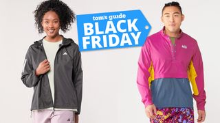 Two models in colorful jackets standing next to a Black Friday deal logo