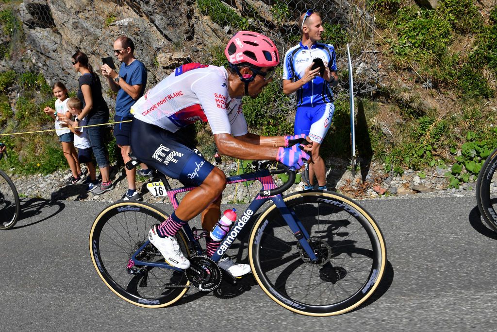 MEGEVE FRANCE AUGUST 15 Daniel Felipe Martinez Poveda of Colombia and Team EF Pro Cycling White Best Young Jersey during the 72nd Criterium du Dauphine 2020 Stage 4 a 1533km stage from Ugine to Megeve 1458m dauphine Dauphin on August 15 2020 in Megeve France Photo by Justin SetterfieldGetty Images