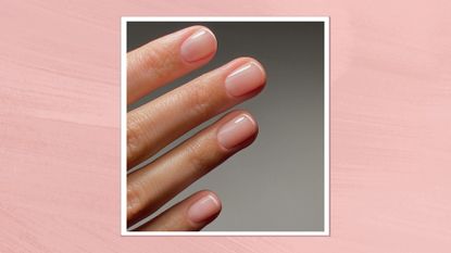 Image of short micro Glow French tip nails on a pink background