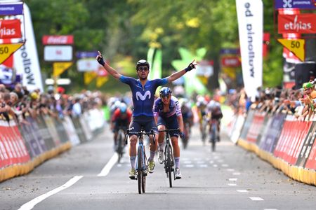 Gonzalo Serrano (Movistar Team) celebrates at finish line as race winner at Grand Prix De Wallonie 2023