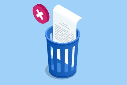document going into a blue recycling bin with a red x floating above