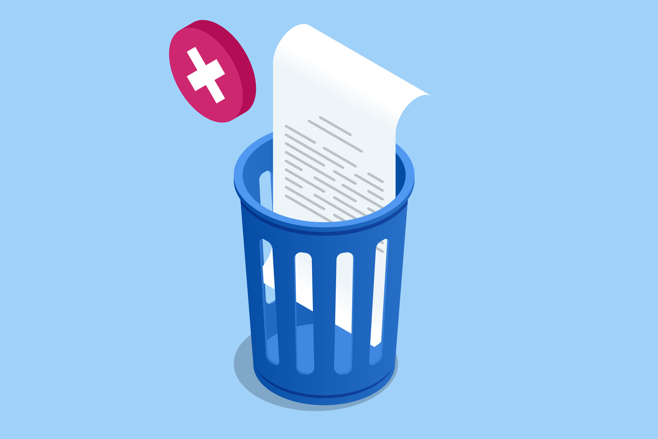 document going into a blue recycling bin with a red x floating above