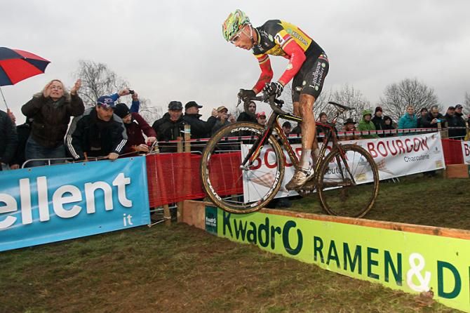 Sven Nys bunny hops the barriers in Leuven