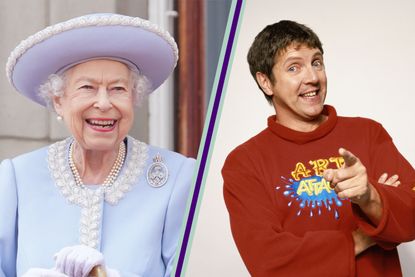 kids TV show the Queen loved - Her Majesty Queen Elizabeth II smiling on the Balcony of Buckingham Palace, in a template side by side with Art Attack's Neil Buchanan - who is pictured smiling and wearing a red 'Art Attack' jumper