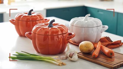 Green kitchen with white countertops with orange and white Aldi pumpkin casserole dishes with ingredients to make casserole