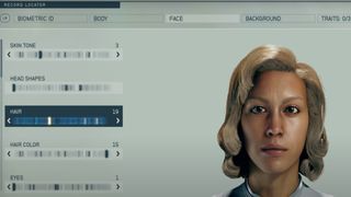 Starfield character creator, face options menu. The Hair slider is selected