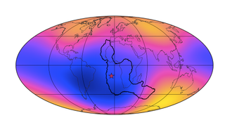 The geomagnetic field at Earth's surface with the South Atlantic Anomaly outlined in black and St Helena marked with a star. Colours range from weak fields (blue) to strong fields (yellow).