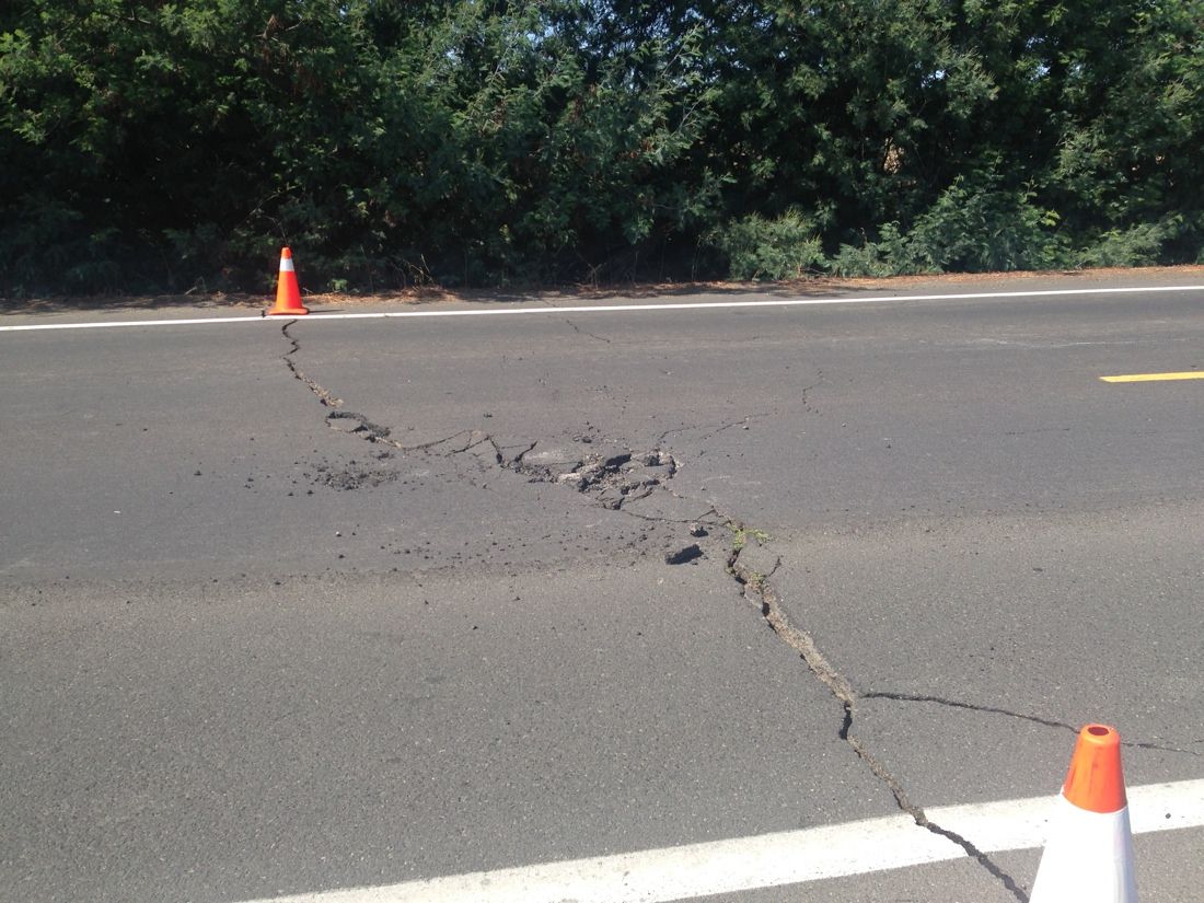 A 6.0-magnitude earthquake struck on Aug. 24, 2014, near Napa, California, with damage shown here south of Highway 12. Image taken on Aug. 24.