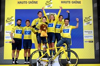 Annemiek Van Vleuten with Movistar on the podium at the Tour de France Femmes avec Zwift