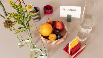 3D-printed desk accessoris including a fruit bowl, pen pots and vase clips, part of the bFriends collection by Pearson Lloyd for Bene