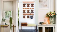 Minimalist entryway ideas are so dreamy. Here are three pictures of these - one of a doorway, one of a hanging storage unit, and one of flowers in an entryway