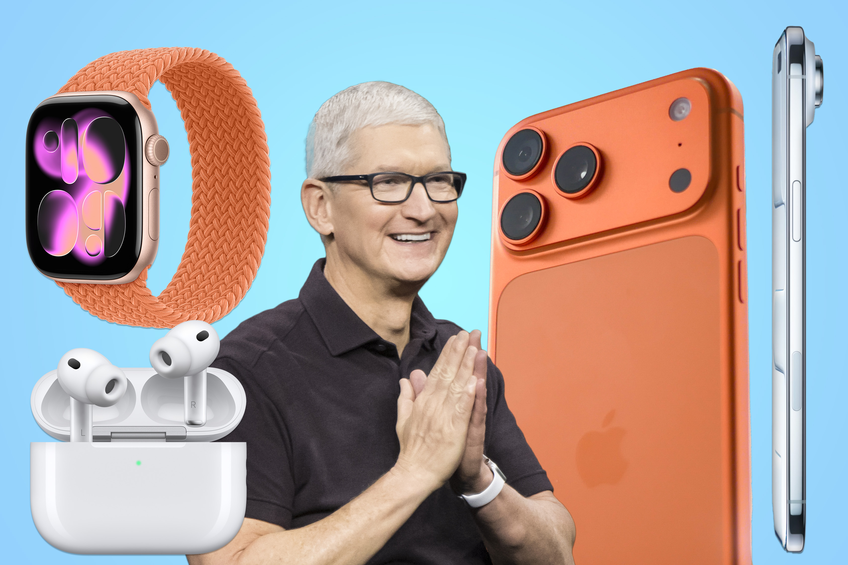 Tim Cook with iPhone 17 Pro, iPhone Air, Apple Watch 11, AirPods Pro 3
