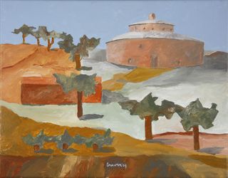 Painted landscape with a round building and trees