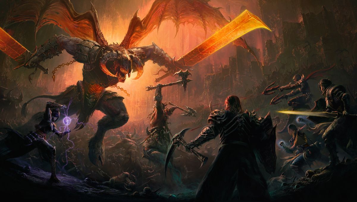 Diablo Immortal Barbarian: a Barbarian and his allies attack a demon