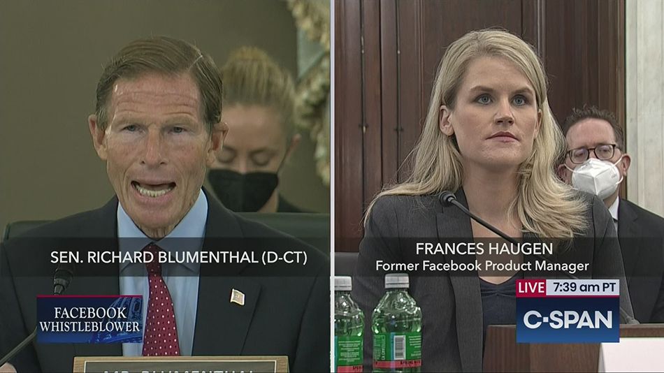 Richard Blumenthal and Facebook whistleblower Frances Haugen at a Senate subcommittee hearing. 