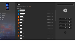 A screenshot of Microsoft's Your Phone app showing a dialler and recent calls