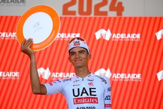 MOUNT LOFTY AUSTRALIA JANUARY 21 Isaac Del Toro Romero of Mexico and UAE Team Emirates on third place poses on the podium ceremony after the 24th Santos Tour Down Under 2024 Stage 6 a 1282km stage from Unley to Mount Lofty 648m UCIWT on January 21 2024 in Mount Lofty Australia Photo by Tim de WaeleGetty Images