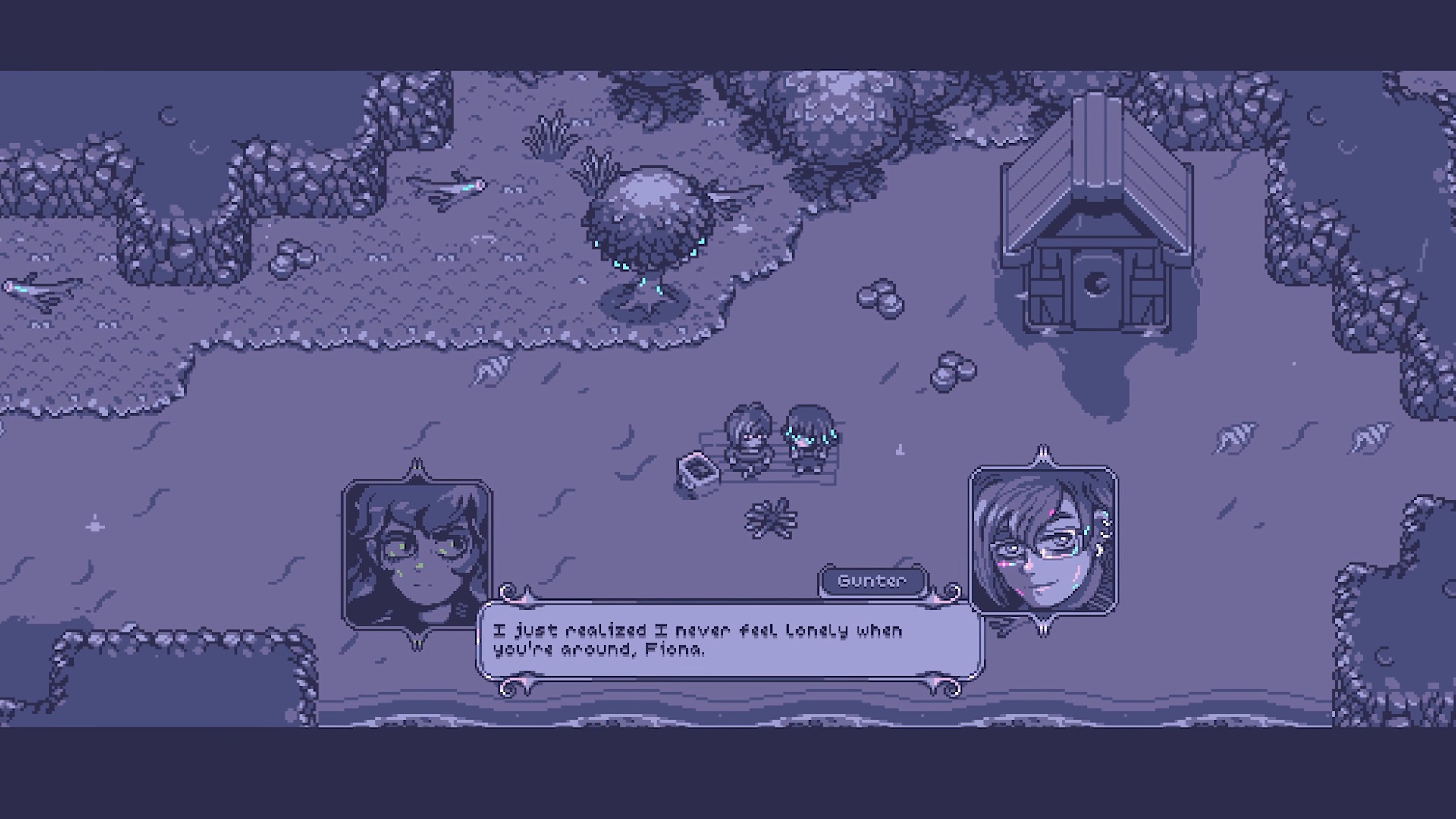 Neverway screenshot of Fiona sitting next to Gunter who wear glasses and says "I just realized I never feel lonely when you're around, Fiona"