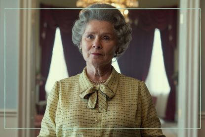 mistake in The Crown season 5 - Imelda Staunton as Queen Elizabeth II wearing a yellow suit in the Crown season 5 on Netflix