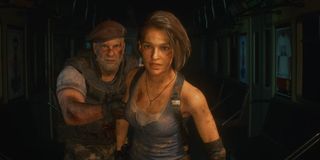 Mikhail Victor and Jill Valentine in a subway car in Resident Evil 3 Remake