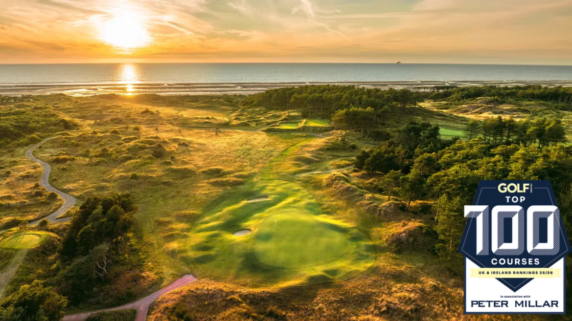 A hole at Formby Golf Club and the Golf Monthly top 100 courses logo